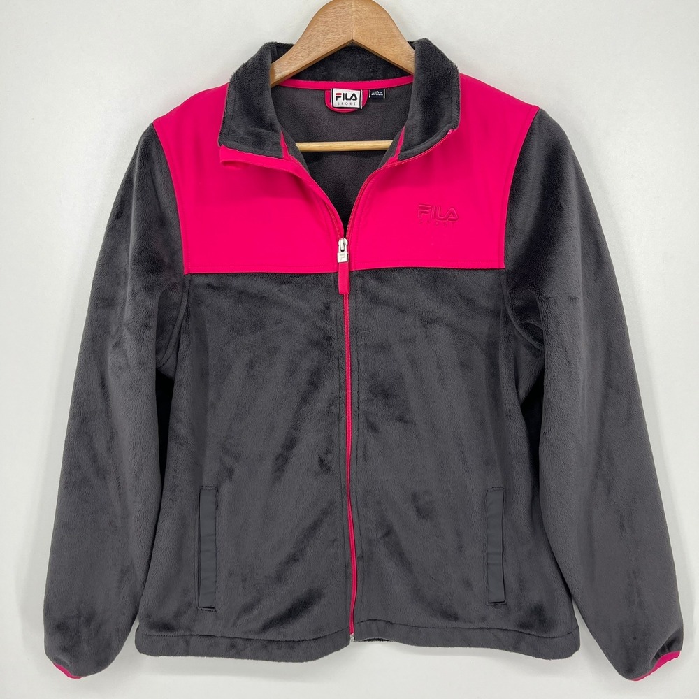 Fila Sport Womens Full Zip Fleece Jacket Grey Pink Mock Neck Size M
